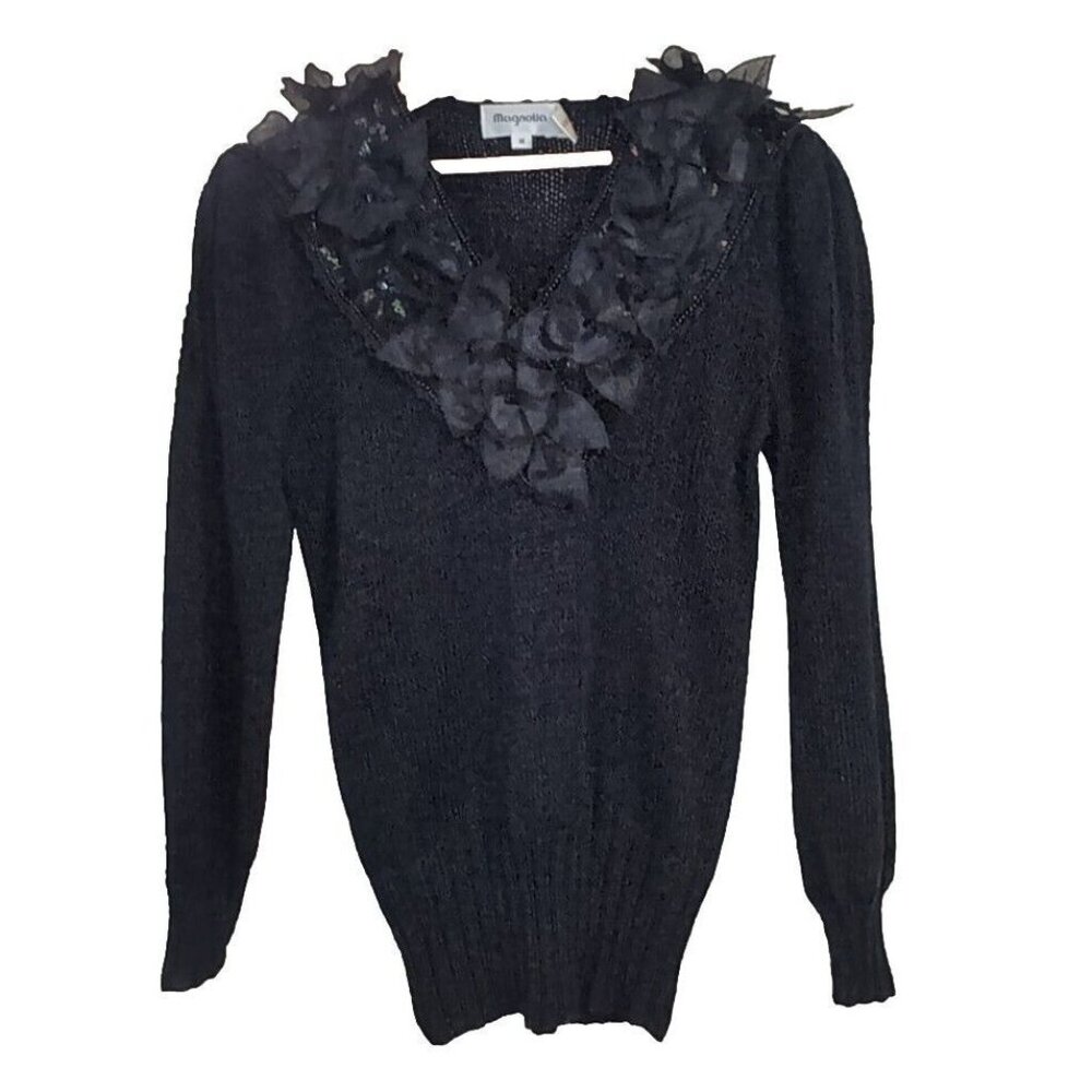 Vintage Magnolia Black Pullover Sweater Size M Beading Cloth Flowers Sequins